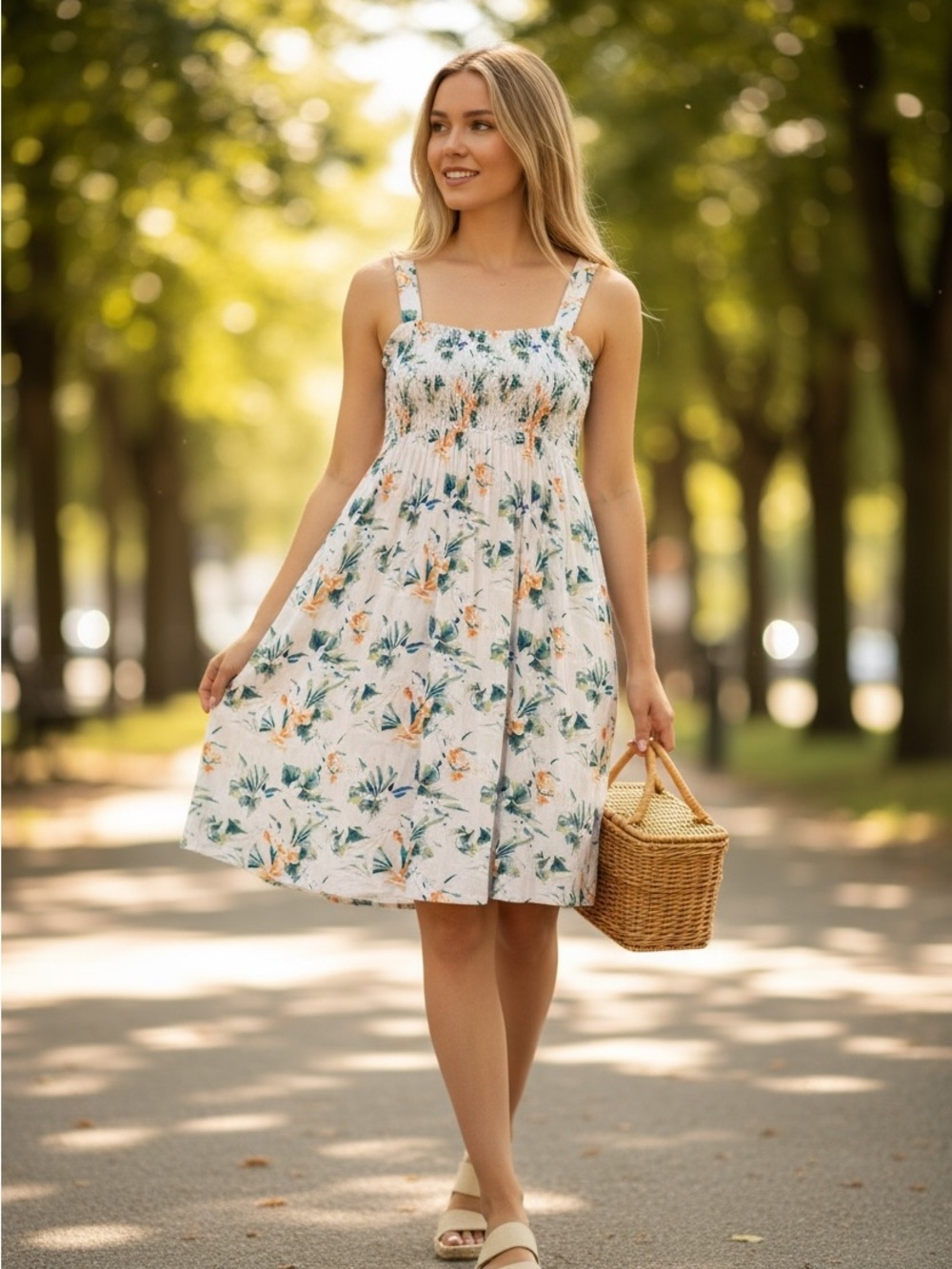 fresh produce White Dress with Green & Peach Floral Print